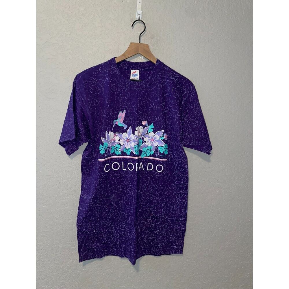 Vintage Colorado Hummingbird Shirt Flower Purple AOP Tee 1990s VTG 90s Large